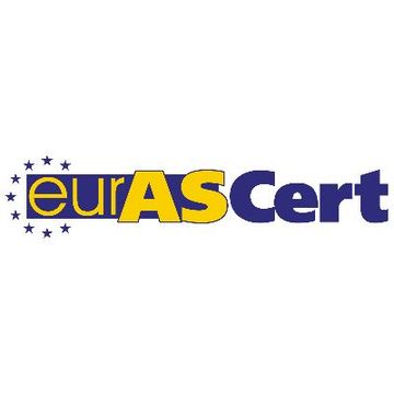 Logo für eurASCert, mit blauem Text und einem gelben „AS“ in der Mitte, umgeben von Sternen.