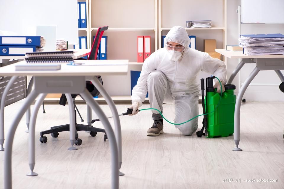 Person in Schutzkleidung versprüht Insektizid in einem Büro.