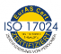 ISO 17024 Zertifizierungslogo mit blau-gelbem Kreisdesign, deutscher Text.