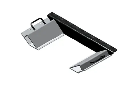 Un modelo 3D de un objeto de metal con mango sobre un fondo blanco.