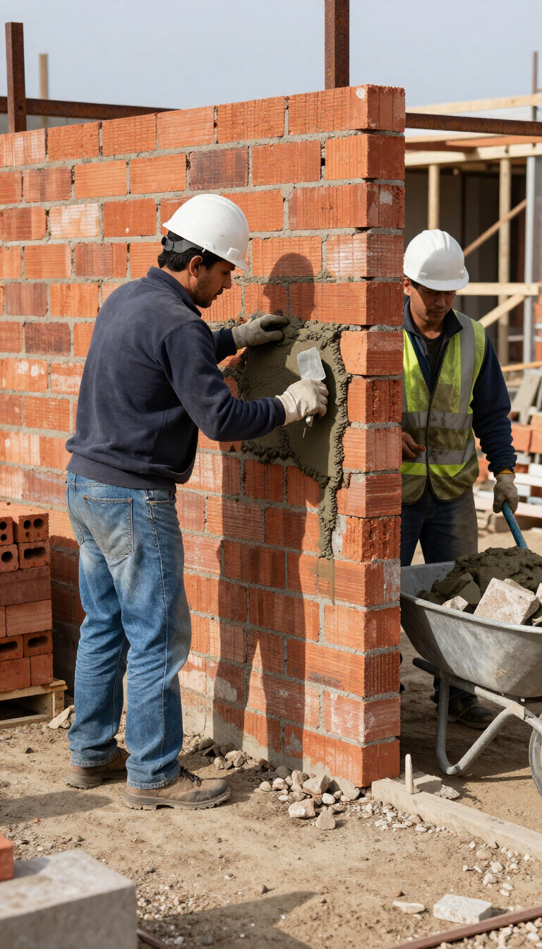 Dos obreros de la construcción con cascos colocan ladrillos en un muro parcialmente construido en una obra.
