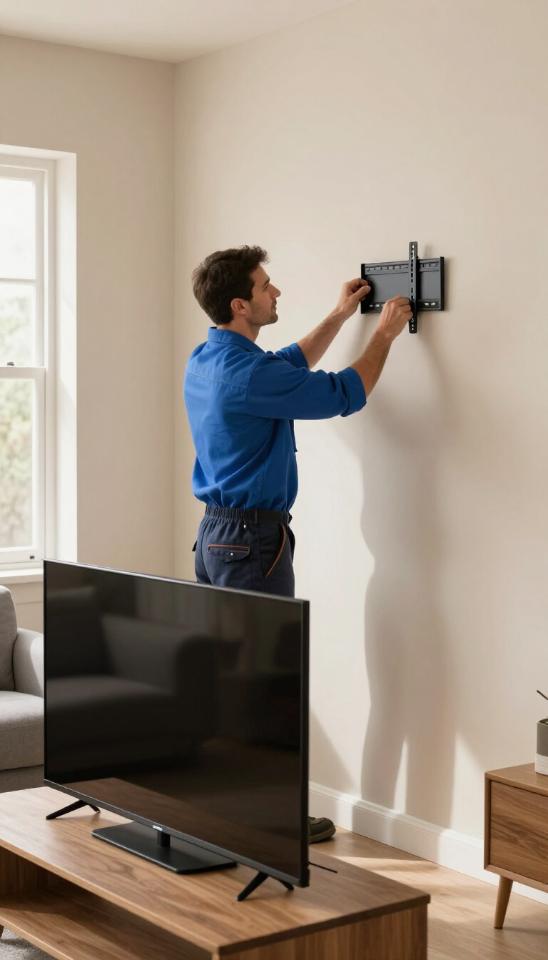 Un hombre instala un televisor en la pared de una sala de estar luminosa.