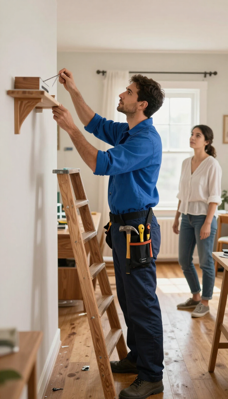 Dos personas midiendo una pared en una habitación luminosa durante la reforma de una vivienda.