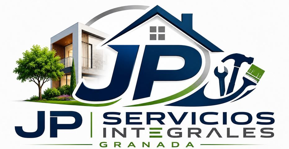 Logotipo de JP Servicios Integrales Granada con casa azul, &aacute;rbol e iniciales estilizadas JP.