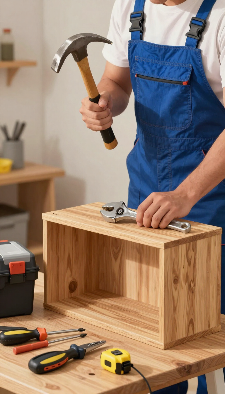 Persona utilizando un martillo sobre una caja de madera en un taller, con herramientas sobre la mesa.