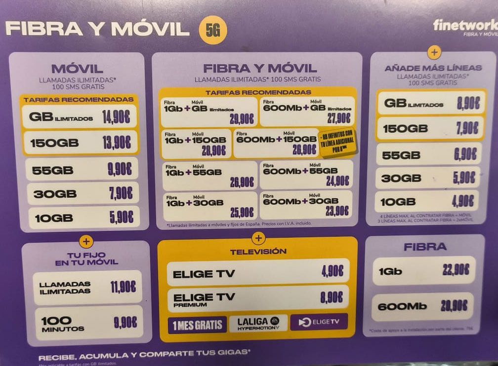 Un folleto de fibra y móvil muestra varios paquetes.