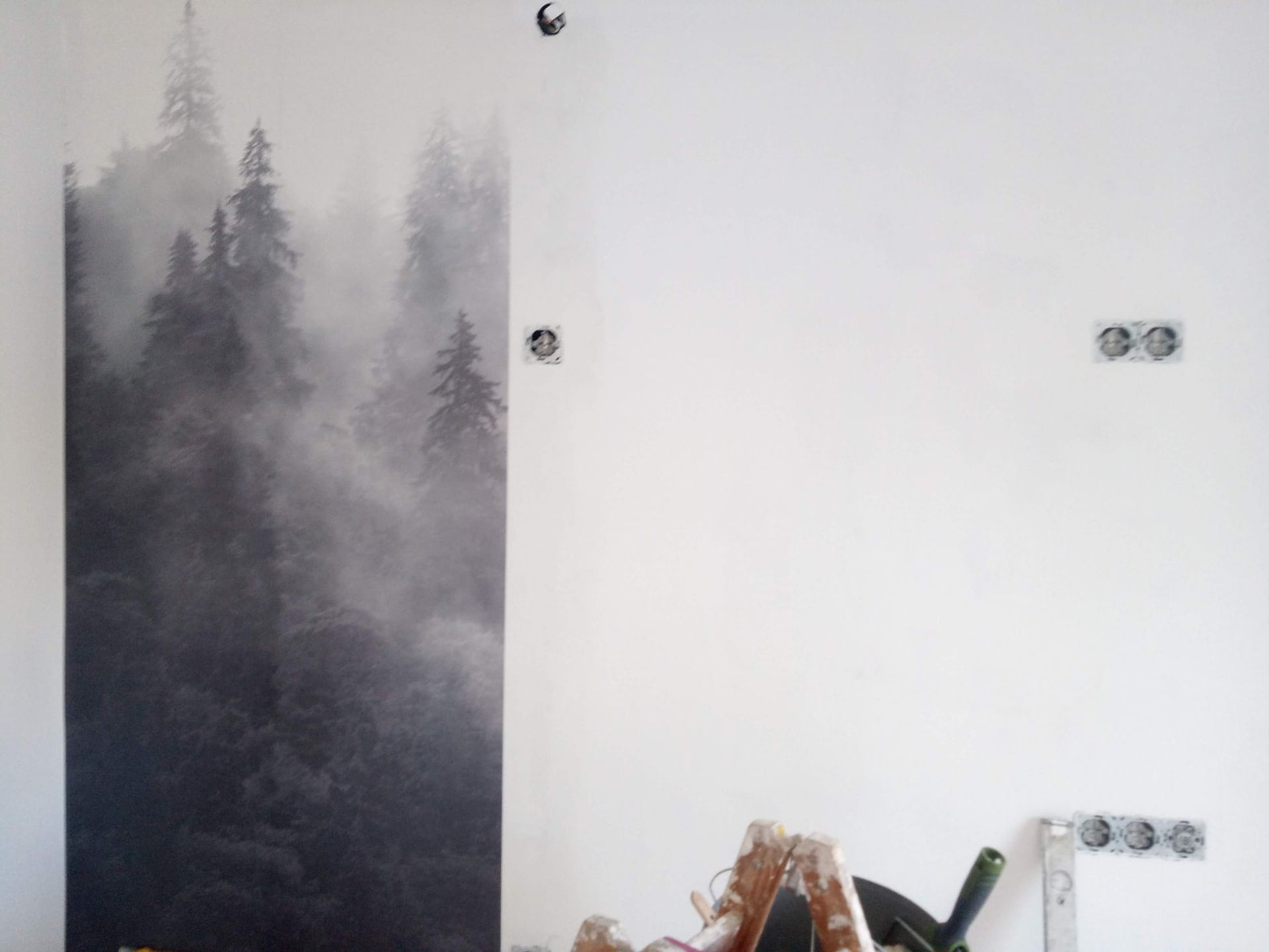 Eine weiße Wand mit einem Bild von einem Wald darauf