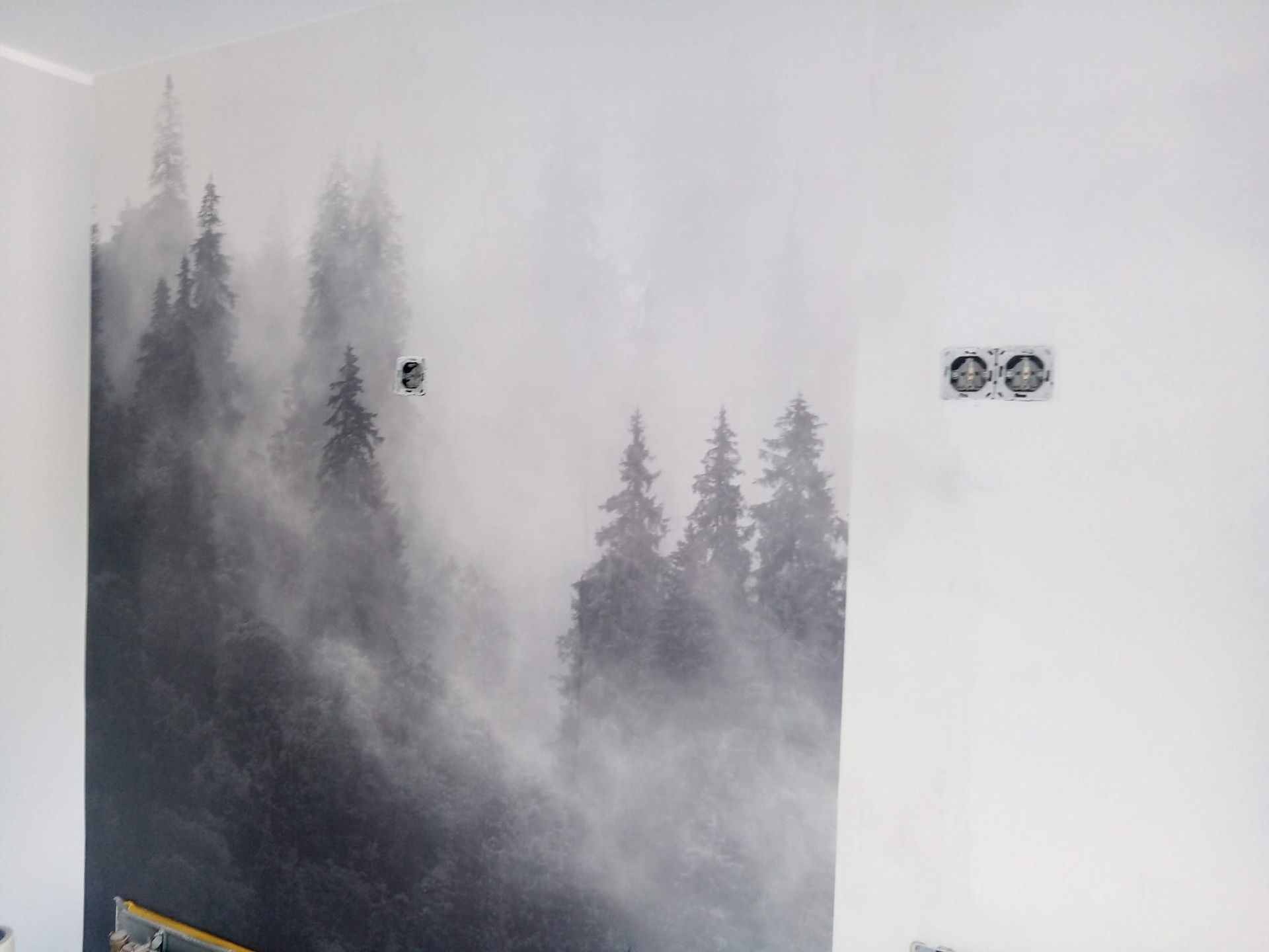 Ein Schwarzweiß-Gemälde eines nebligen Waldes an einer Wand.