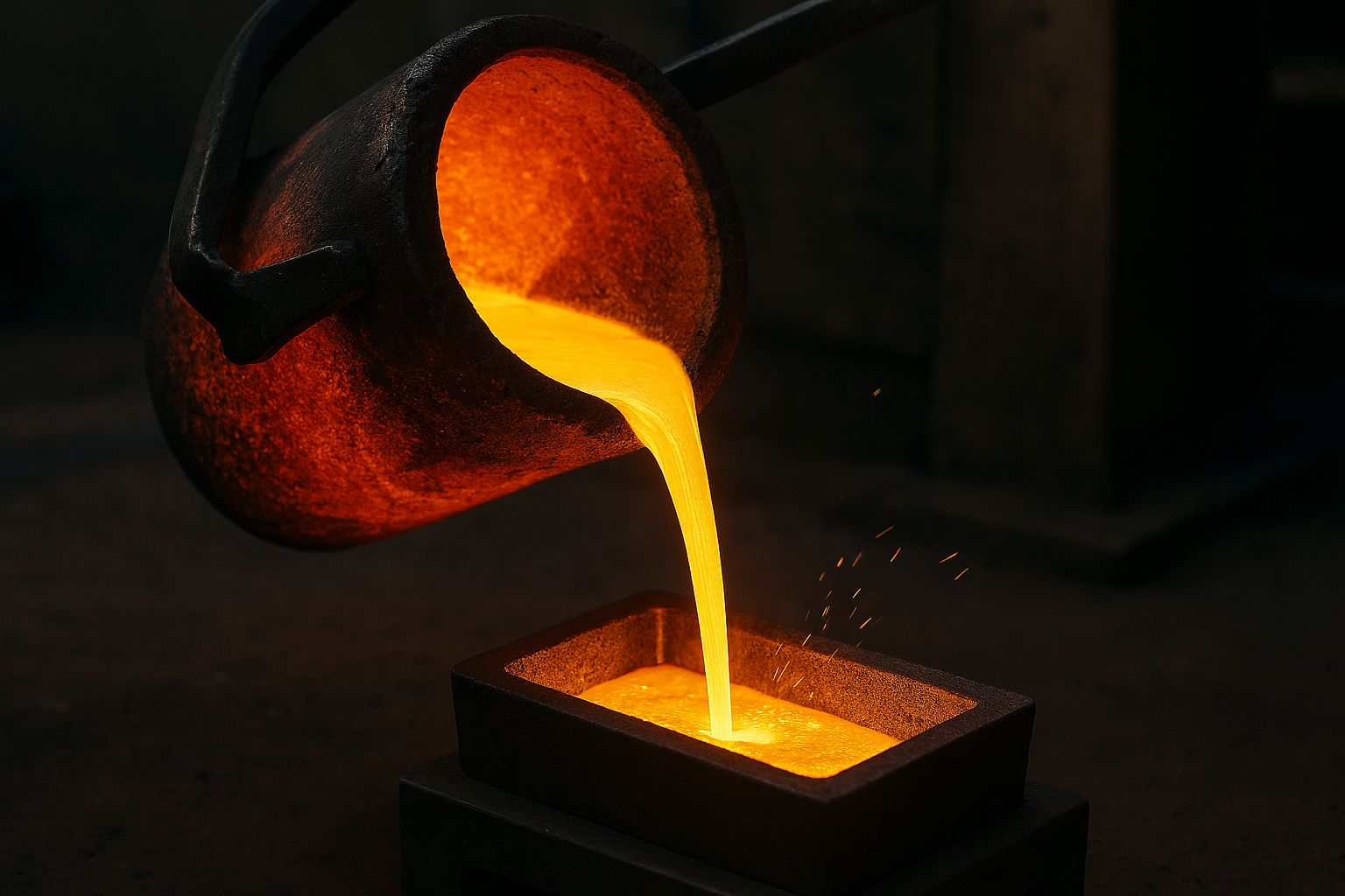 El oro fundido y brillante se vierte desde un cucharón industrial oscuro en un molde rectangular.