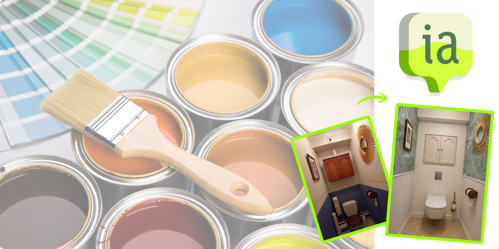 Pots de peinture avec des images de toilettes en premier plan