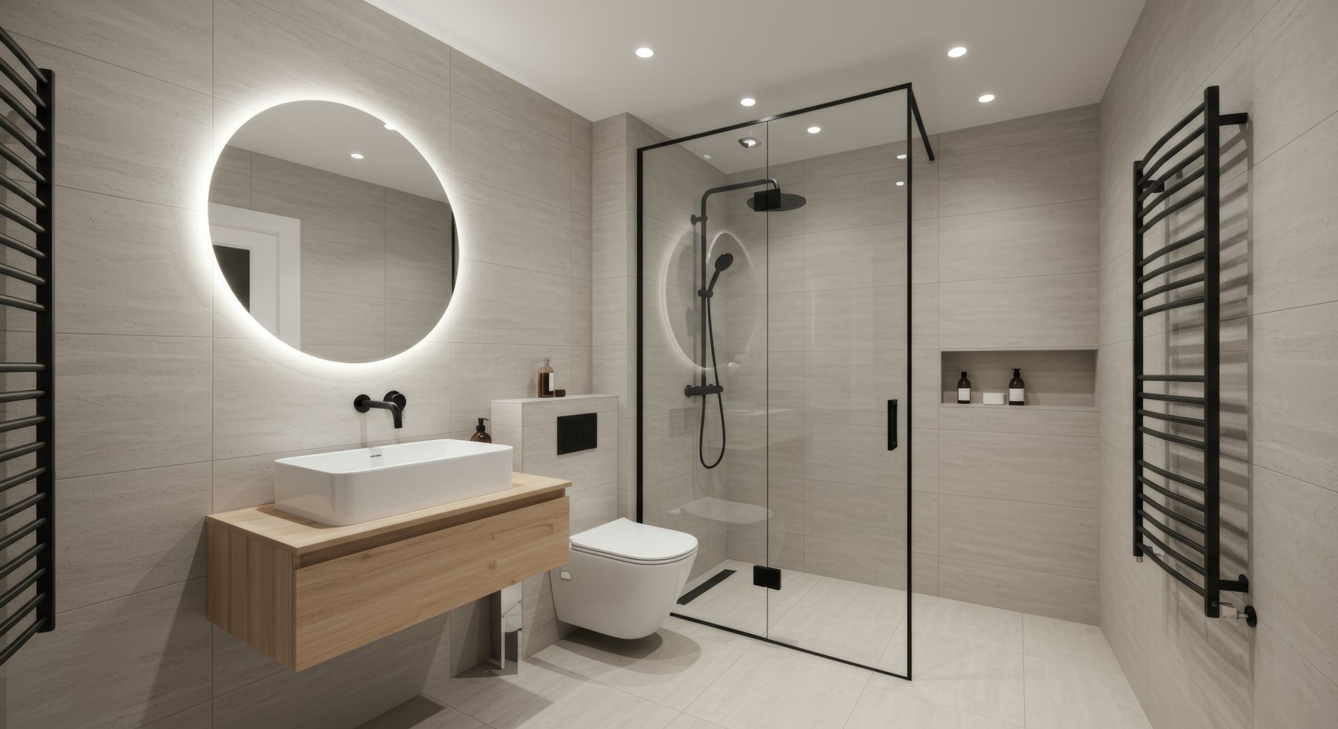 Salle de bains moderne avec meuble-lavabo en bois, miroir rond, appliques murales, porte-serviettes noirs et cabine de douche en verre.