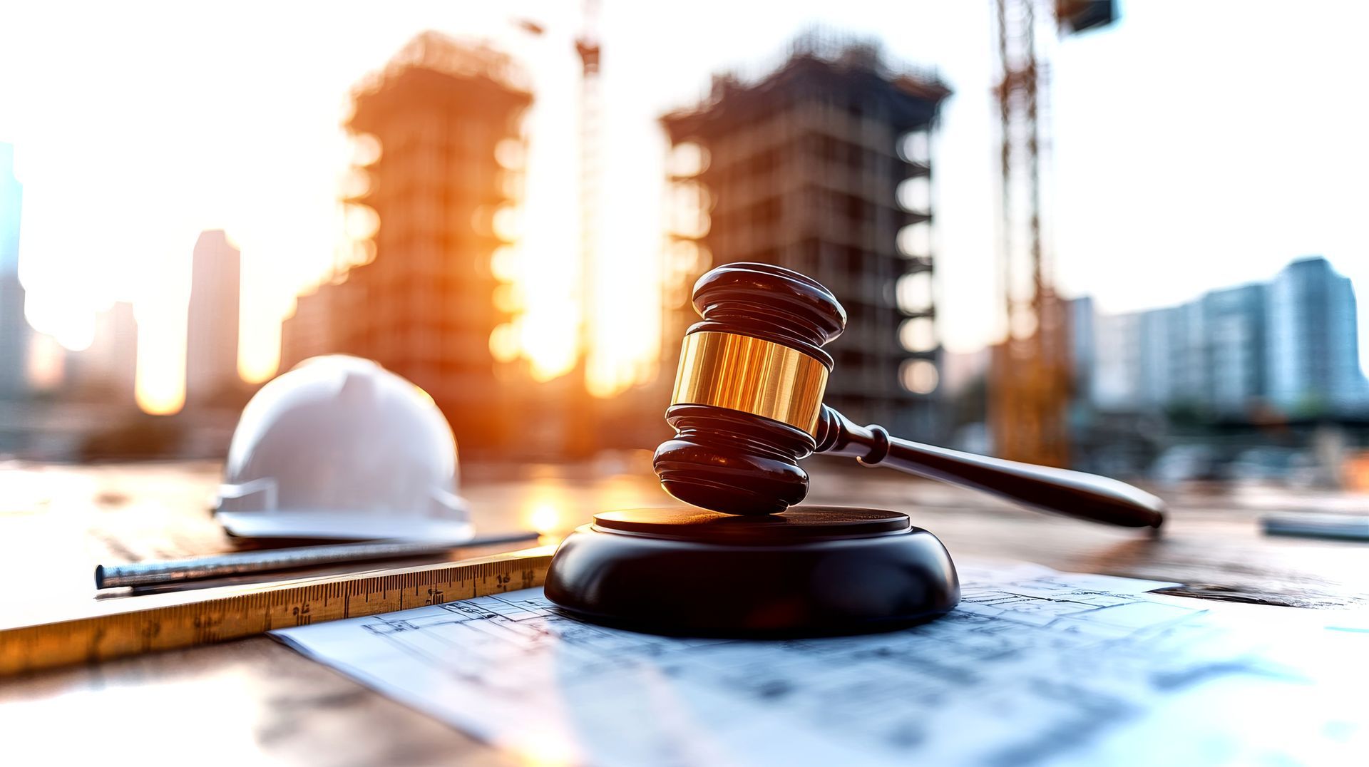 Un maillet posé sur un bureau, avec des plans, un casque de chantier et un chantier en arrière-plan.