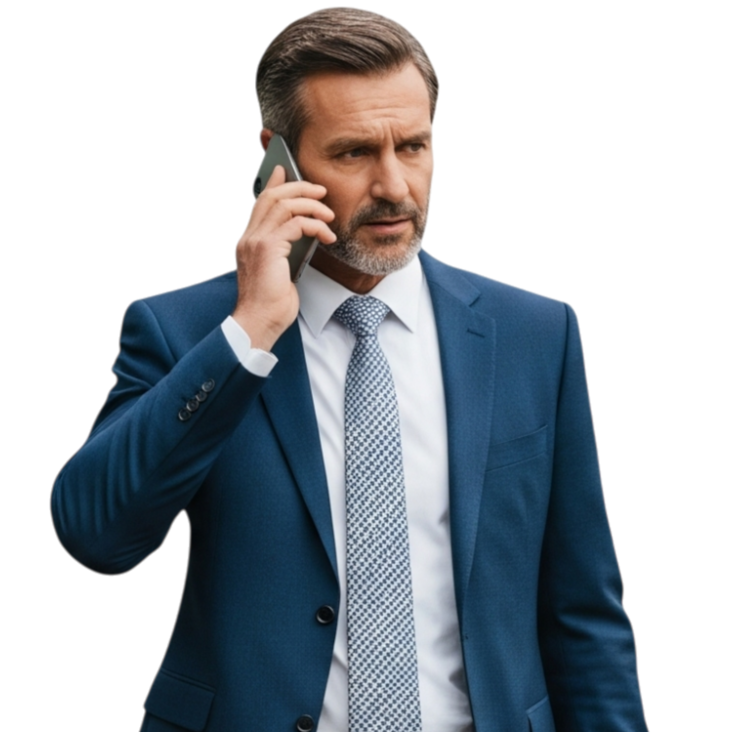 Un homme en costume, un téléphone à l'oreille, regarde sur le côté avec une expression sérieuse.