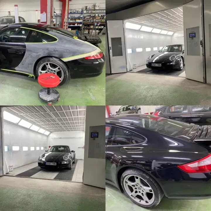 Un collage de cuatro fotografías de un coche en un garaje.