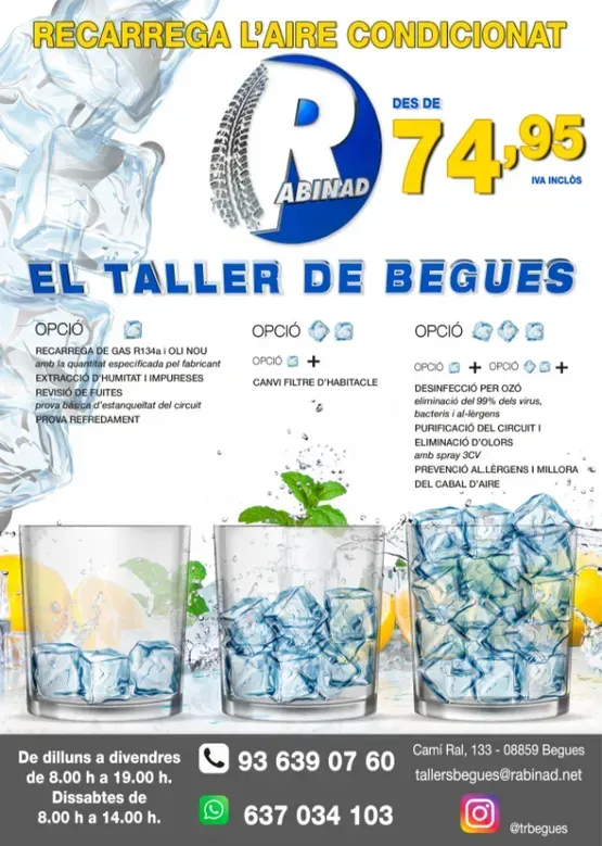 Un volante de El Taller de Beques muestra tres vasos llenos de cubitos de hielo.