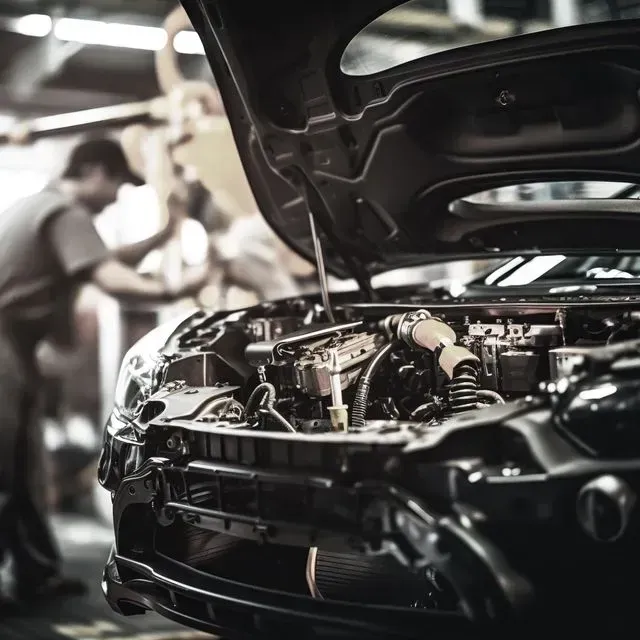 Un hombre está trabajando en un coche con el capó abierto.