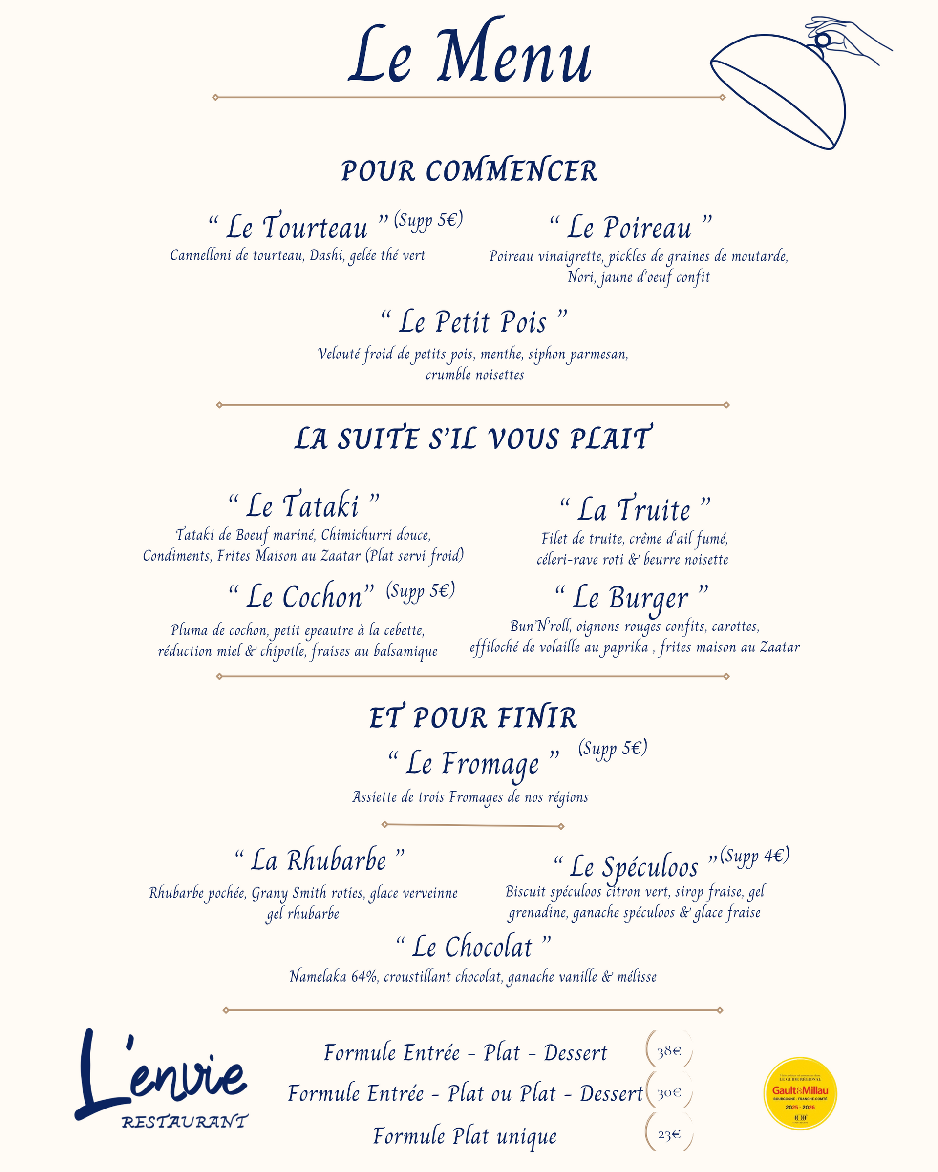 Carte du restaurant L'ENVIE, listant entrées, plats et desserts.