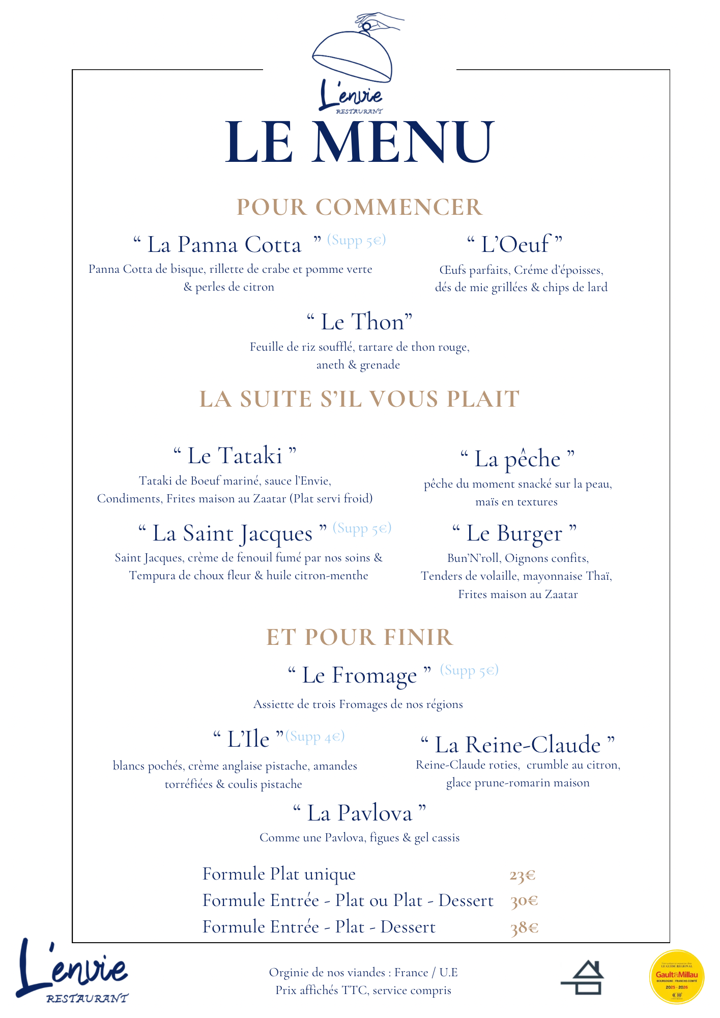 Carte du restaurant L'ENVIE, listant entrées, plats et desserts.