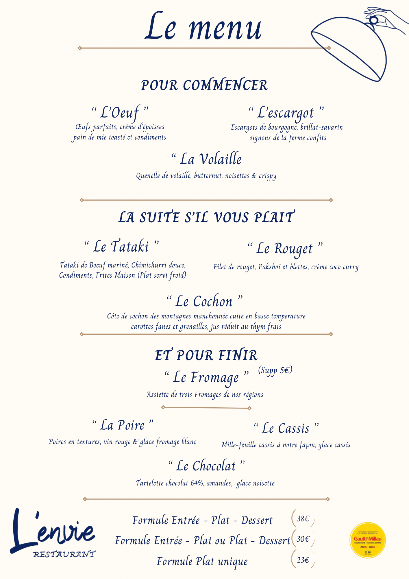 Carte du restaurant L'ENVIE, listant entrées, plats et desserts.
