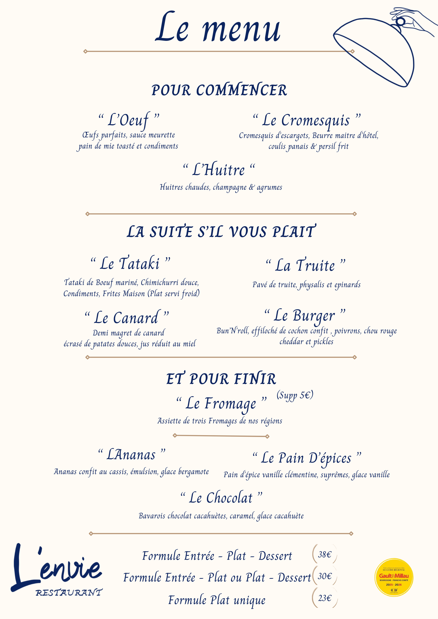 Carte du restaurant L'ENVIE, listant entrées, plats et desserts.