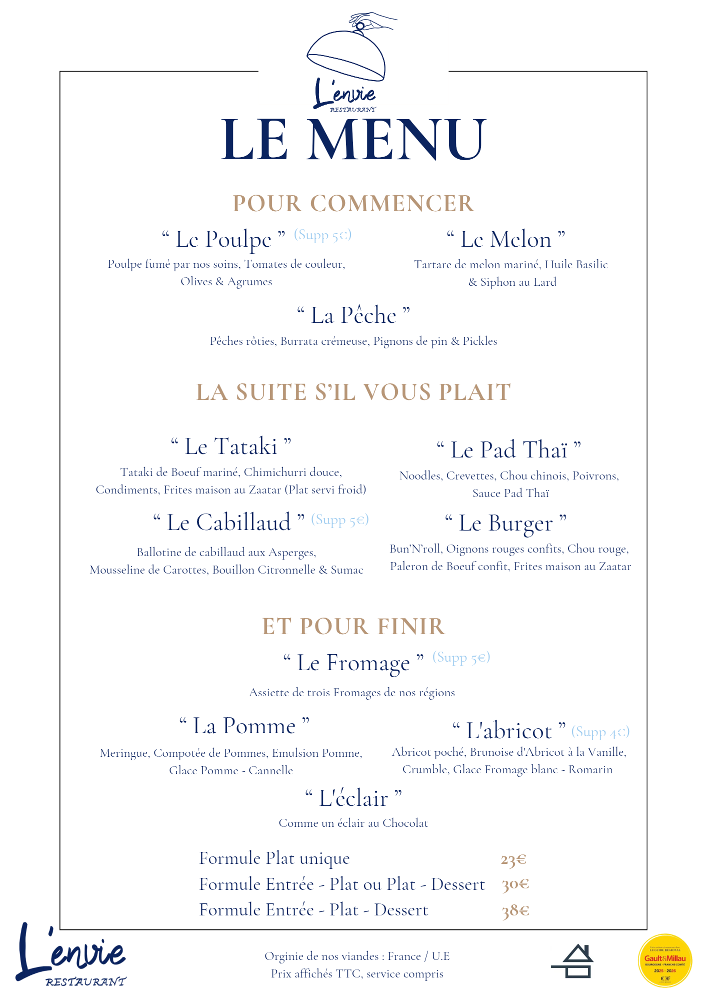 Carte du restaurant L'ENVIE, listant entrées, plats et desserts.