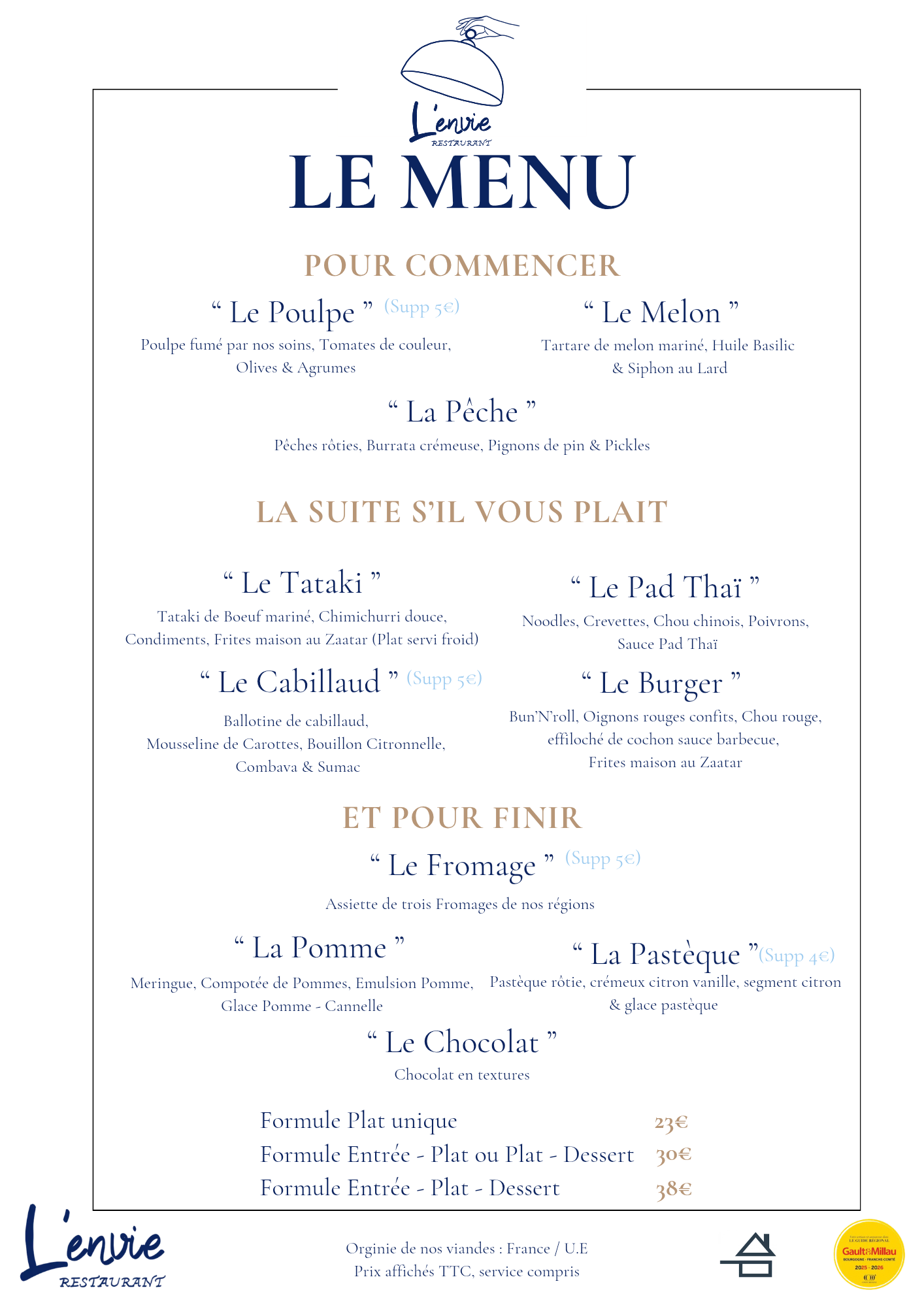 Carte du restaurant L'ENVIE, listant entrées, plats et desserts.