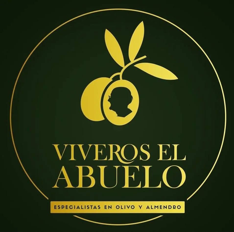 Logo green and gold for Viveros El Abuelo, with olive branches and the text “Especialistas en olivo y almendro”