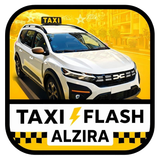 Un taxi Dacia blanco sobre un fondo amarillo con el logotipo de "Taxi Flash Alzira", que presenta un rayo amarillo.