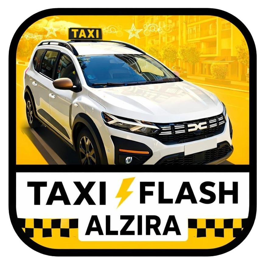 Un taxi Dacia blanco sobre un fondo amarillo con el logotipo de "Taxi Flash Alzira", que presenta un rayo amarillo.