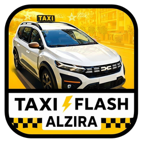 Un taxi Dacia blanco sobre un fondo amarillo con el logotipo de "Taxi Flash Alzira", que presenta un rayo amarillo.