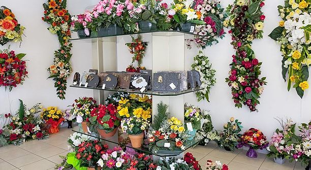 L'intérieur d'une boutique de fleuriste, présentant une variété de compositions florales colorées sur les étagères et le mur.