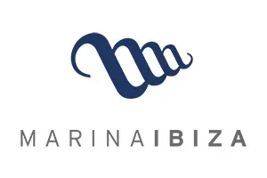 Logotipo de Marina Ibiza con monograma azul marino sobre texto gris sobre fondo blanco.