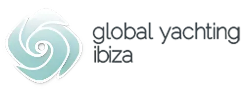 Logotipo de Global Yachting Ibiza con icono de espiral turquesa y texto negro sobre fondo blanco.
