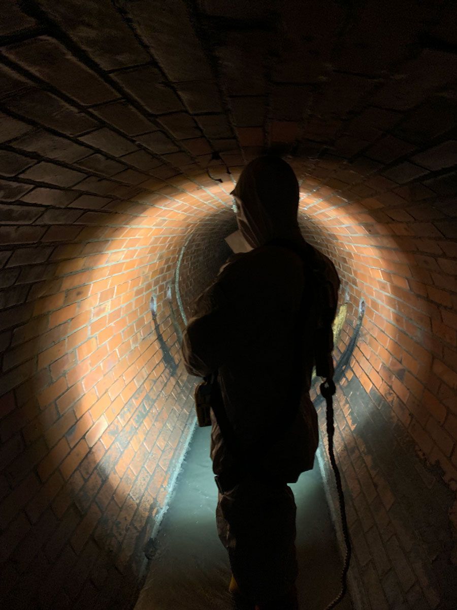 Ein Mann geht mit einer Taschenlampe durch einen dunklen Tunnel.