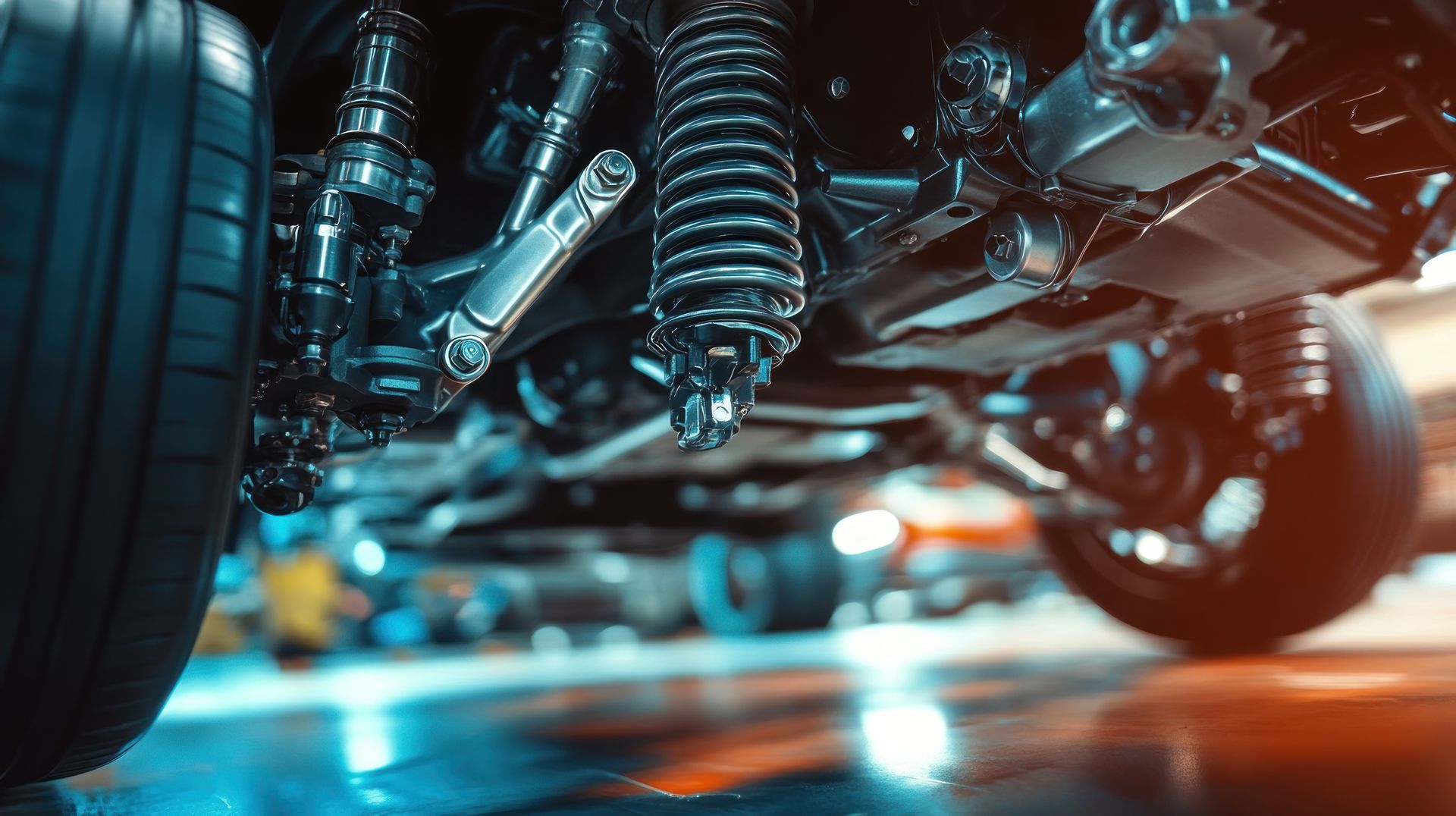 Châssis d'un véhicule avec amortisseurs et éléments de suspension. Le métal brillant contraste avec la vue en contre-plongée.