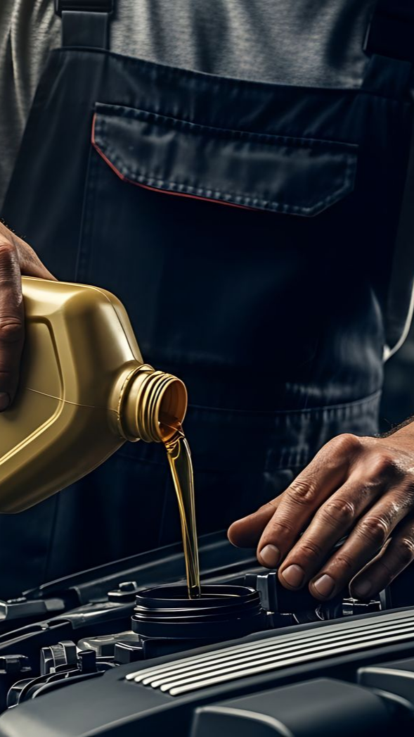 Un mécanicien verse de l'huile d'un récipient jaune dans le moteur d'une voiture, vêtu d'une salopette bleue.