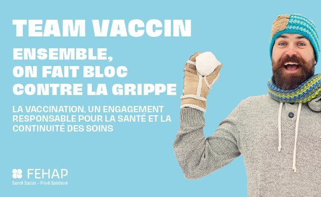 Homme en tenue d'hiver lançant une boule de neige. Texte : « Équipe Vaccin » contre la grippe, vaccination pour la santé. Fond bleu.