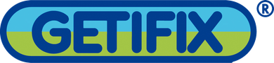 Ein blau-grünes Logo für Getifix auf weißem Hintergrund