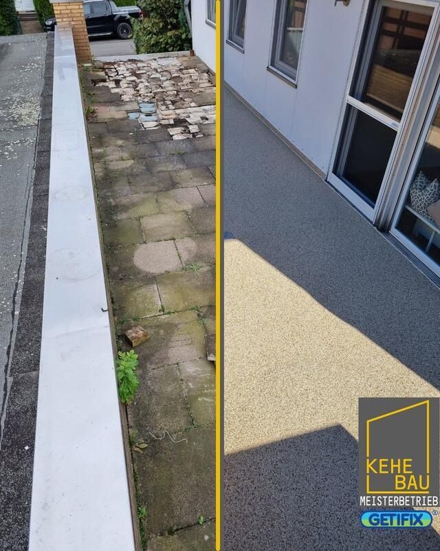 Ein Bild einer Terrasse vor und nach der Umgestaltung durch Kehe Bau