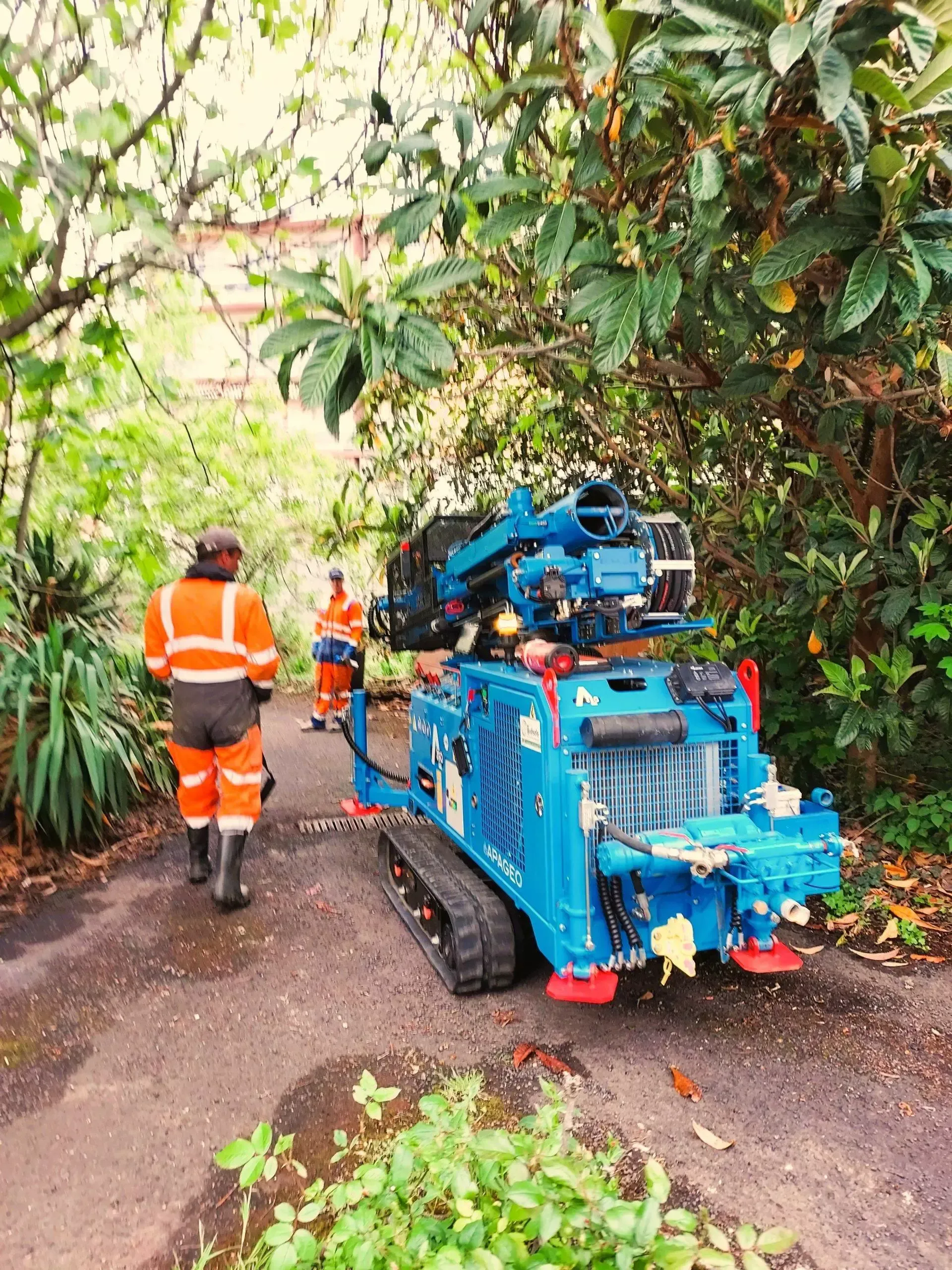 Machine à chenilles bleue et deux ouvriers en gilets orange sur une route près du feuillage.