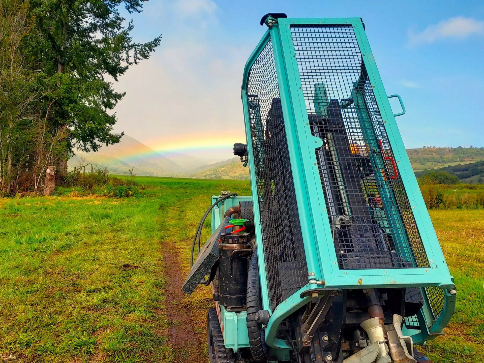 Machine forestière verte avec une cage de sécurité sur un champ herbeux.