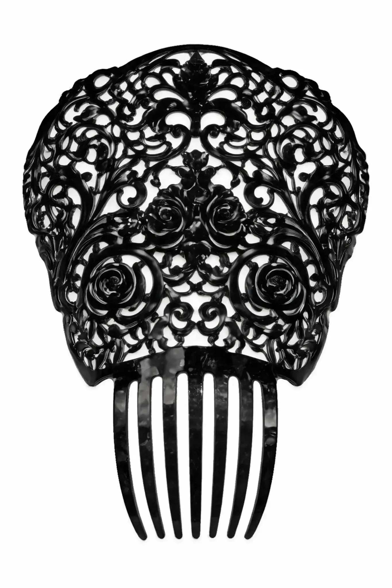 Un peine decorativo negro para el cabello con un intrincado diseño de filigrana con motivos florales.