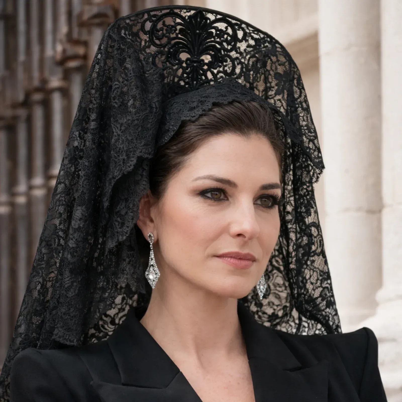 Una persona lleva una mantilla de encaje negro sobre la cabeza, pendientes