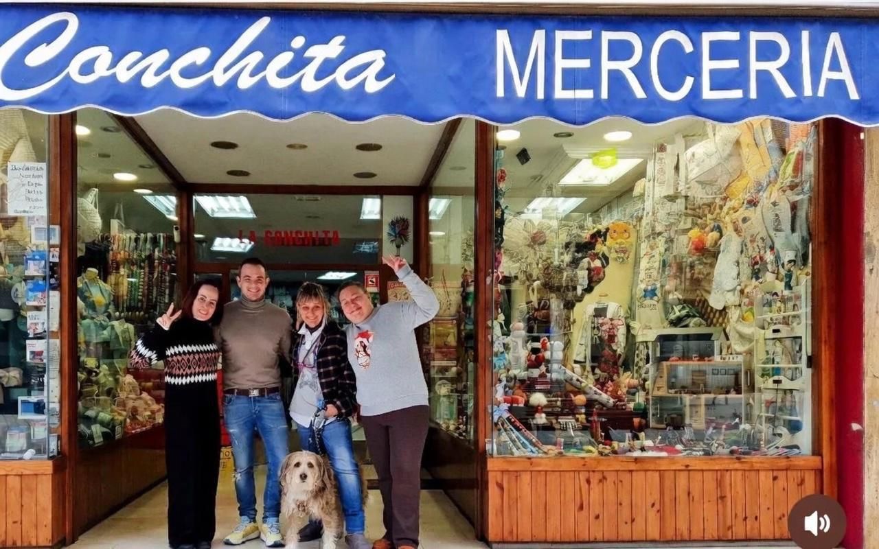 Estanterías repletas de ovillos de lana de diferentes colores y texturas en el escaparate de una tienda.