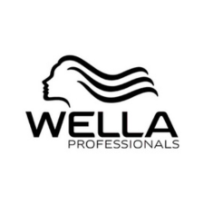 Un logotipo en blanco y negro para Wella Professionals con cabeza y cabello de mujer.