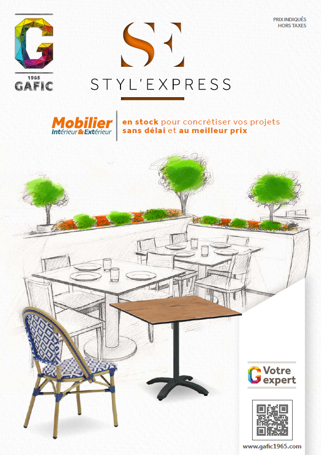 Couverture d'un catalogue de meubles pour 2025, présentant des chaises et des coussins, avec le logo GAFIC.