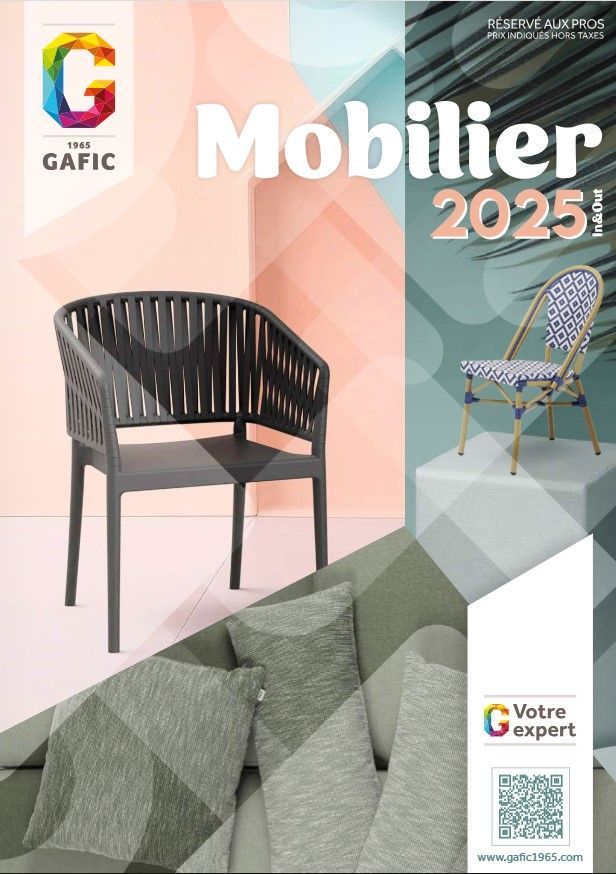 Couverture d'un catalogue de meubles pour 2025, présentant des chaises et des coussins, avec le logo GAFIC.