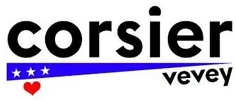 Texte indiquant « corsier » avec une barre bleue et des étoiles, un cœur rouge et « vevey » en dessous.