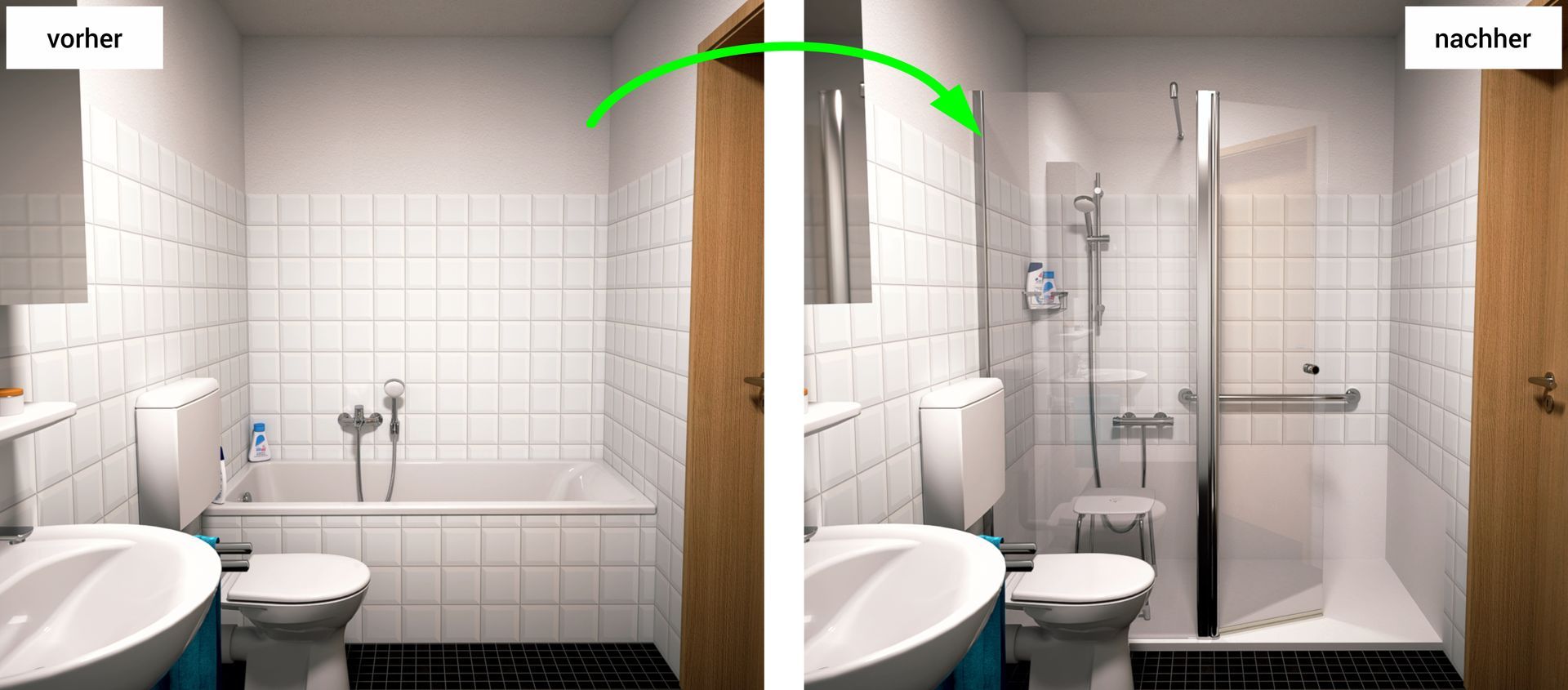 Wanne zur Dusche vorher-nachher