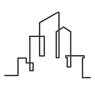 Un dibujo lineal del horizonte de una ciudad con edificios sobre un fondo blanco.